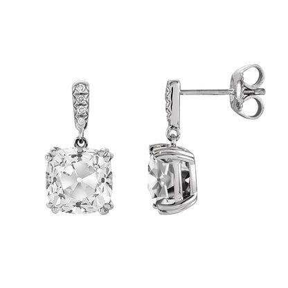 Diamond Halo Drop Earrings Old Miner Cut White Gold