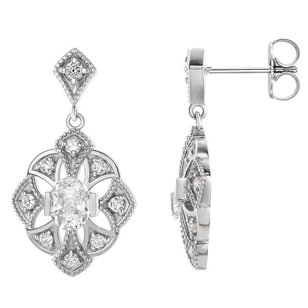 Diamond Halo Drop Earrings Oval Old Cut 5 Carats White Gold