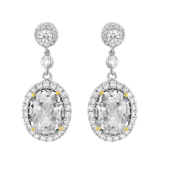 Diamond Halo Drop Earrings Prong Set 9 Carats Oval Old Miner Two Tone