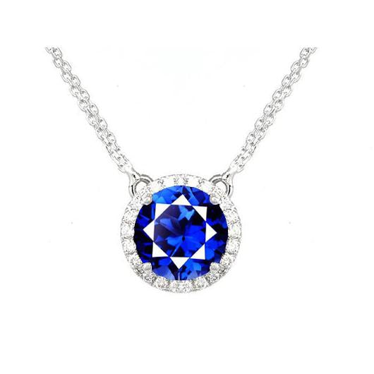 Diamond Halo Ceylon Sapphire Pendant Necklace