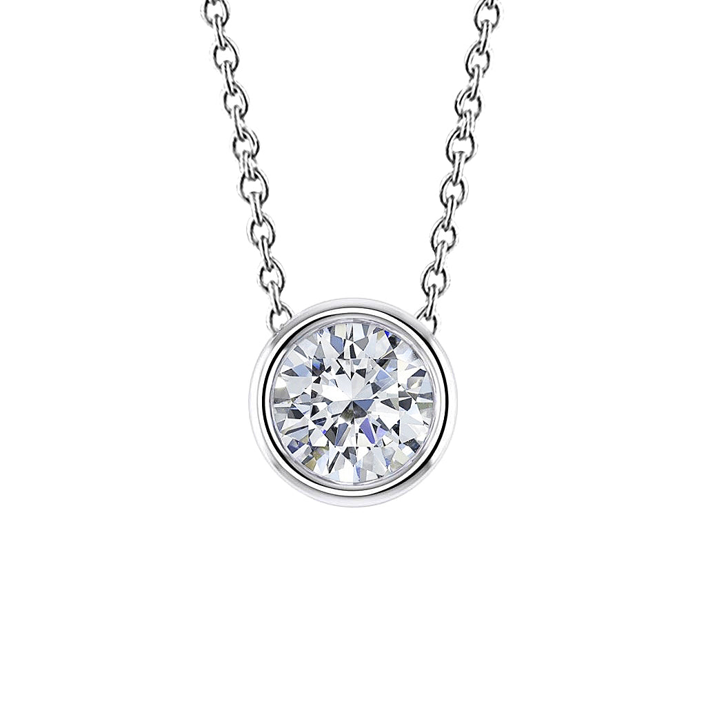 Natural Earth Mined Diamond Necklace Pendant 1.50 Carat Round Cut Bezel Set 14K White Gold