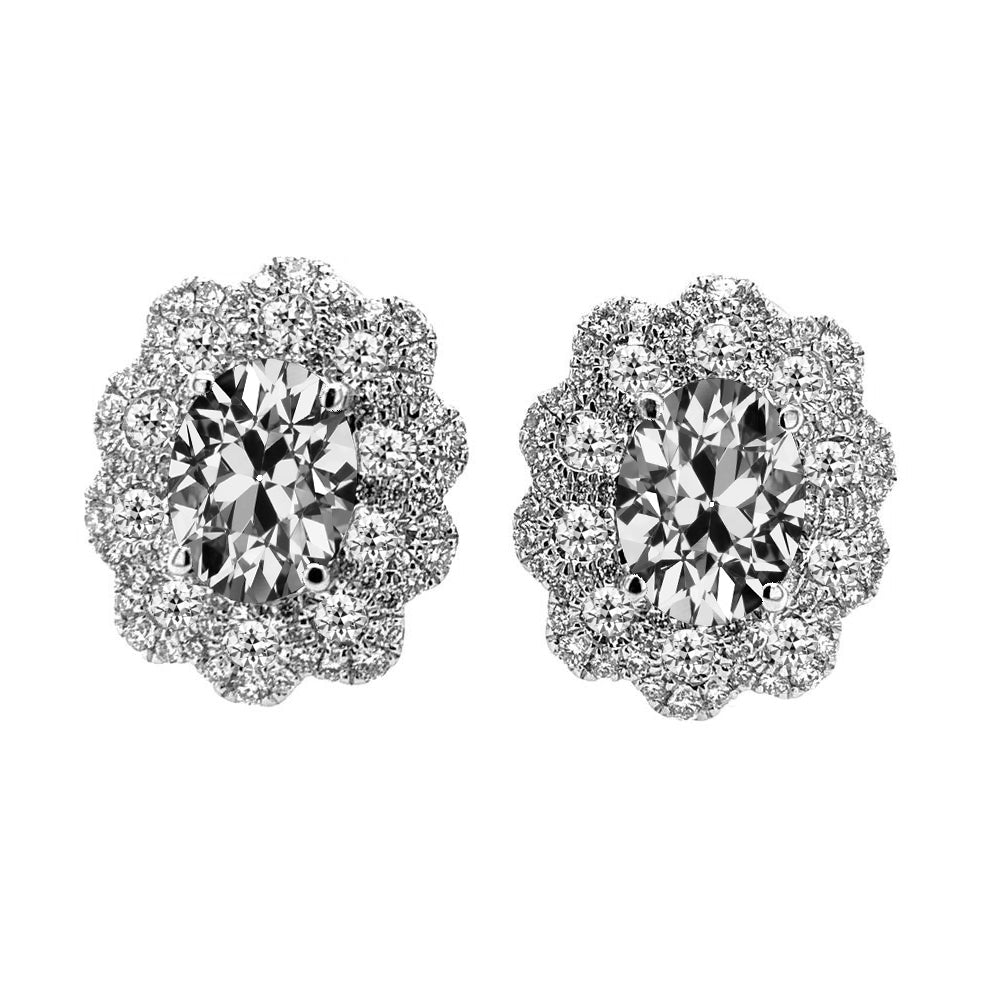 Diamond Oval Halo Old Mine Cut Stud Earrings Flower Style 6 Carats