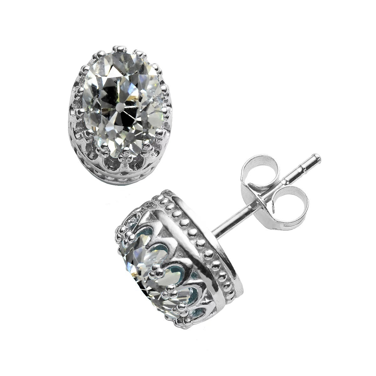 Diamond Oval Old Miner Stud Earrings Antique Style 6 Carats 14K Gold