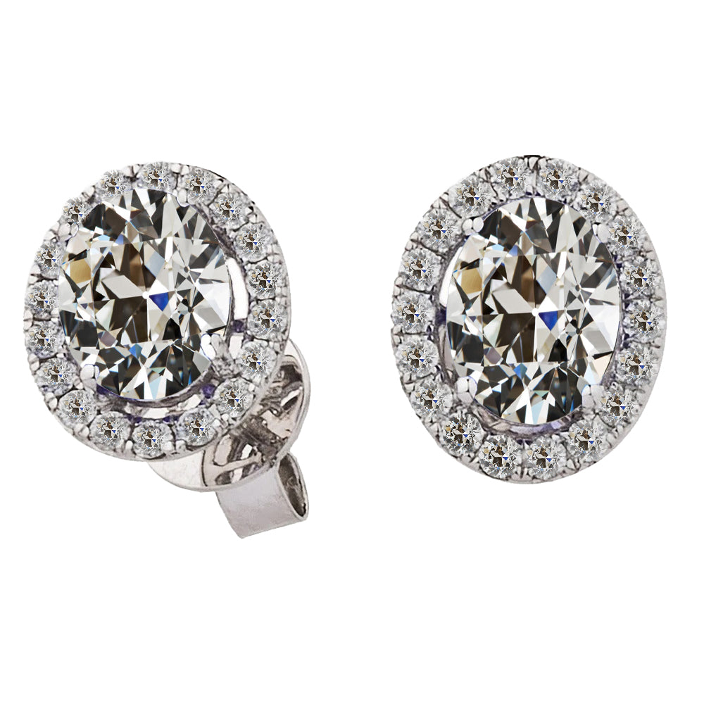 Genuine Natural Real Diamond ( Not Lab Grown ) Oval & Round Old Miner Halo Stud Earrings White Gold 12 Carats