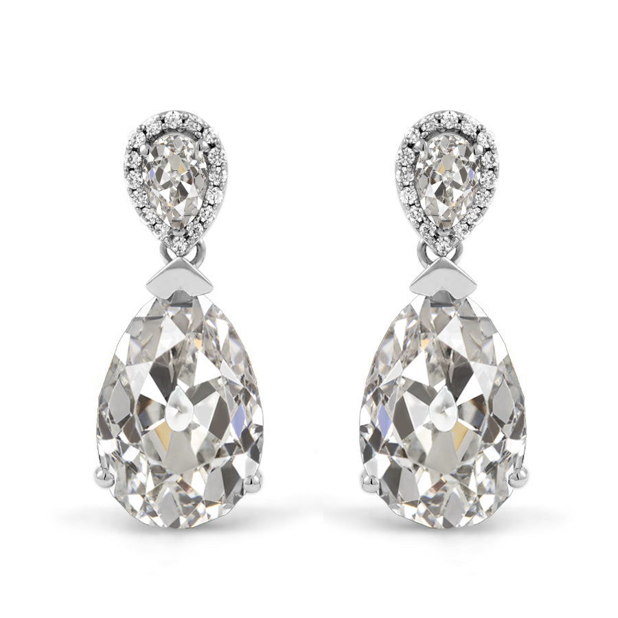 Earth Mined Diamond Pear & Round Old European Dangle Earrings V Prong Set 9 Carats
