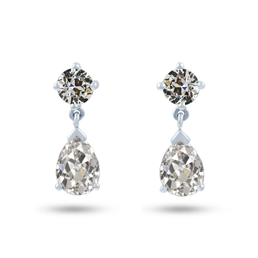 Real Diamond Pear & Round Old Mine Cut Drop Earrings 5 Carats
