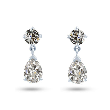 Real Diamond Pear & Round Old Mine Cut Drop Earrings 5 Carats