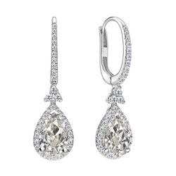 Diamond Pear & Round Old Miner Halo Dangle Earrings 3 Carats