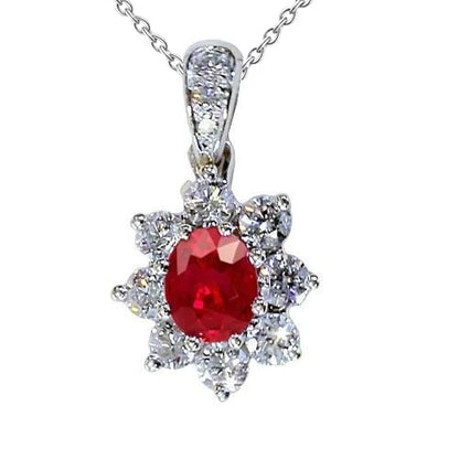 Natural Earth Mined Diamond Pendant 1 Inch 3.45 Carats Ruby Lotus Flower White Gold 14K