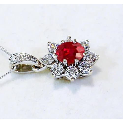 Gemstone Pendant Diamond Pendant 1 Inch 3.45 Carats Ruby Lotus Flower White Gold 14K