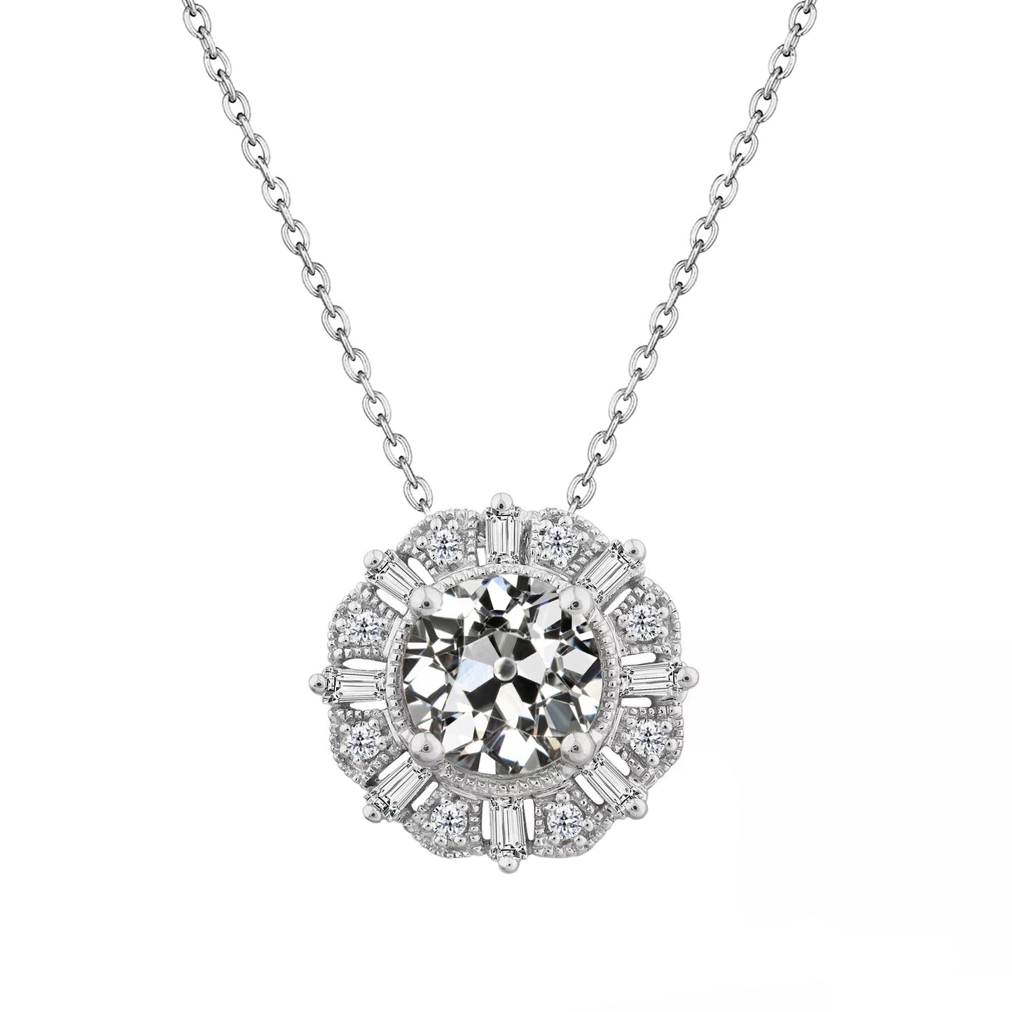 Diamond Pendant 2.50 Carats Baguette & Old Cut Gold Jewelry