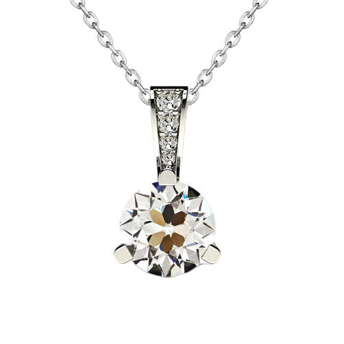 Diamond Pendant 1.50 Ct Prong Set Old Cut 16” Chain
