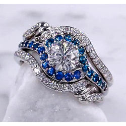Diamond Ring Set 3.50 Carats Blue Sapphire Women Jewelry