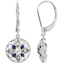 Diamond Round Old Cut & Blue Sapphire Leverback Earrings 2.50 Carats