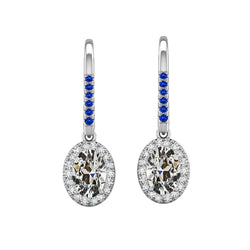 Diamond Sapphire Dangle Earrings Oval Old Cut 4.50 Ct