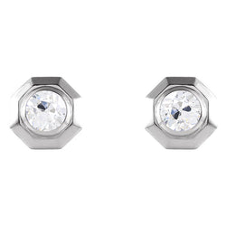 Real Diamond Stud Earring Octagon Shape Round Old Miner 2 Carats White Gold
