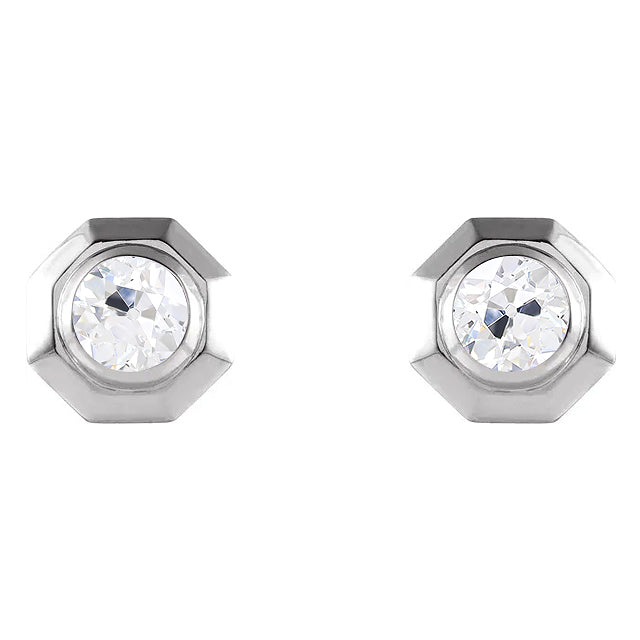 Diamond Stud Earring Octagon Shape Round Old Miner 2 Carats White Gold