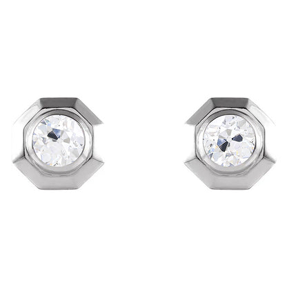 Diamond Stud Earring Octagon Shape Round Old Miner 2 Carats White Gold