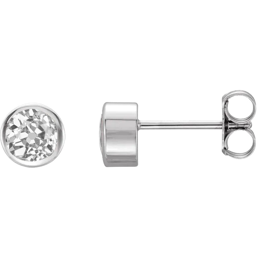 Diamond Stud Earrings Bezel Set 3 Carats Round Old Mine Cut White Gold