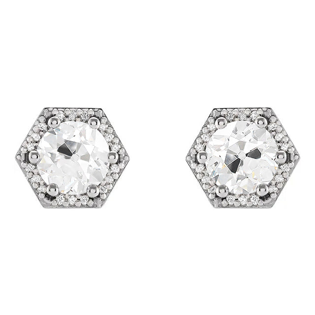 Diamond Stud Earrings Hexagon 3.50 Carats Round Old Miner White Gold
