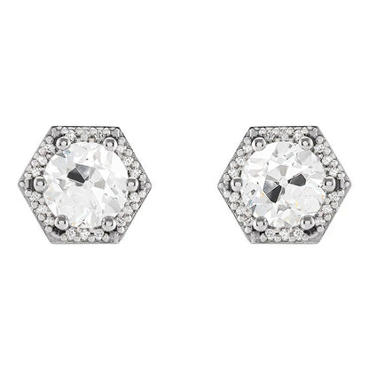 Diamond Stud Earrings Hexagon 3.50 Carats Round Old Miner White Gold