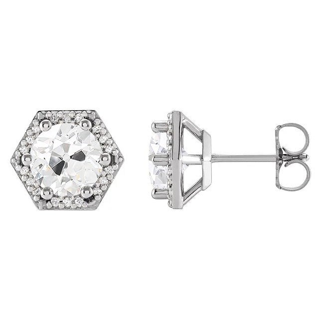 Diamond Stud Earrings Hexagon 3.50 Carats Round Old Miner White Gold
