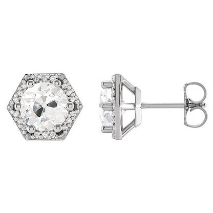 Diamond Stud Earrings Hexagon 3.50 Carats Round Old Miner White Gold
