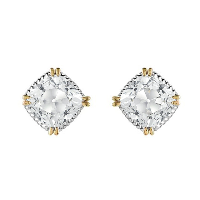 Diamond Studs 6 Ct Cushion Old Cut Earrings Two Tone 14K