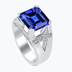 Natural Earth Mined Diamond Wedding Ring Asscher Blue Sapphire Gold V Split Shank 3 Carats