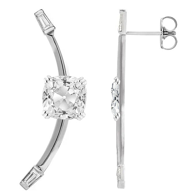 Diamond Drop Earrings White Gold Cushion Old Miner & Baguette Cut