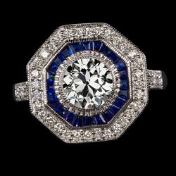 Double Halo Art Deco Jewelry New Blue Sapphire Ring Old Cut Natural Earth Mined Diamond
