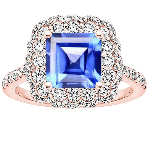 Woamns Brilliant Sparkling Double Halo Diamond Engagement Ring 5 Carats Asscher Ceylon Sapphire 