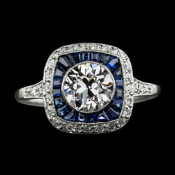 Double Halo Old Cut Natural Earth Mined Diamond & Trapezoid Sapphires Ring 4.50 Carats