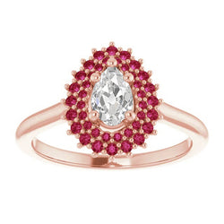 Double Halo Pear Old Miner Diamond Ring Round Rubies 3.50 Carats