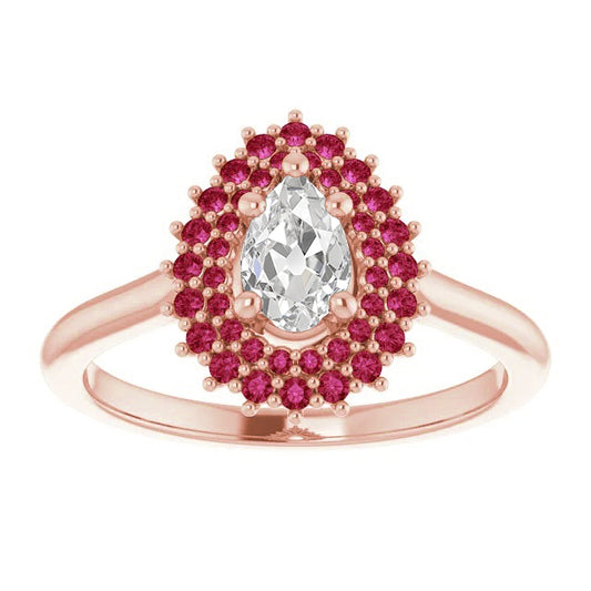 Halo Pear Old Miner Diamond Ring Round Rubies 