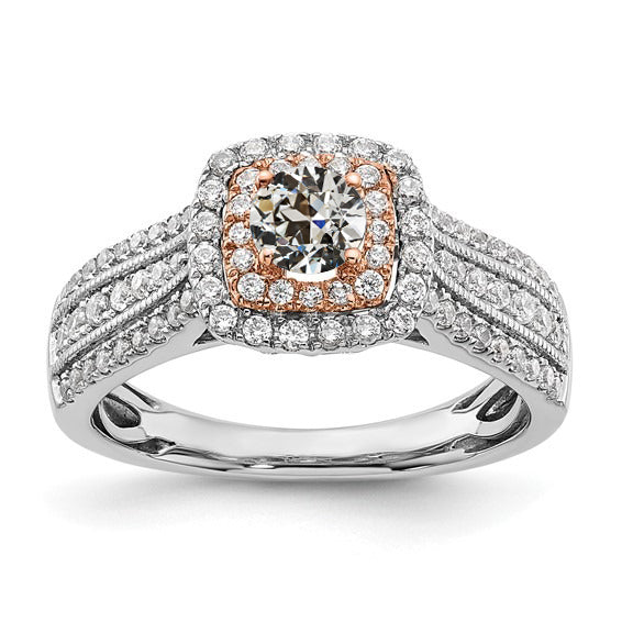 Two Tone Double Halo Ring Old Cut Diamond