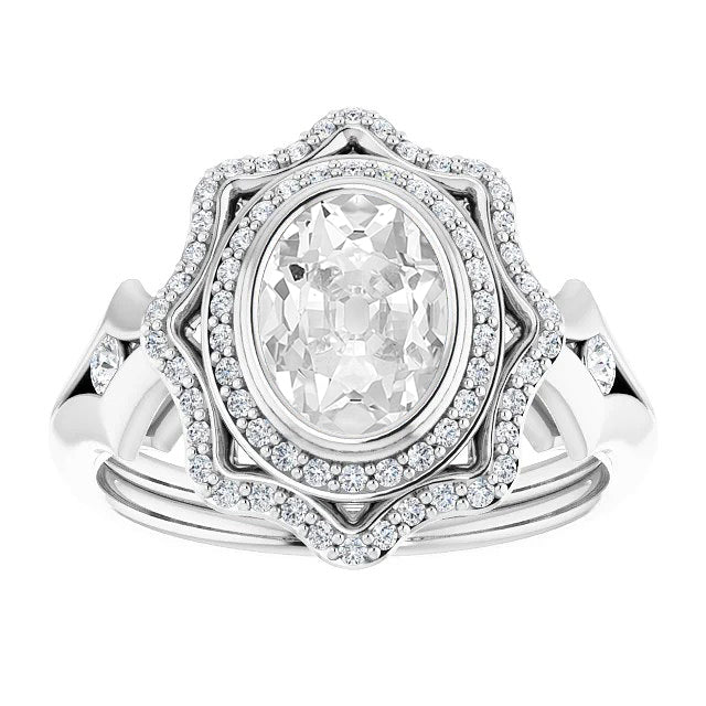 Double Halo Ring Oval Old Cut Diamond