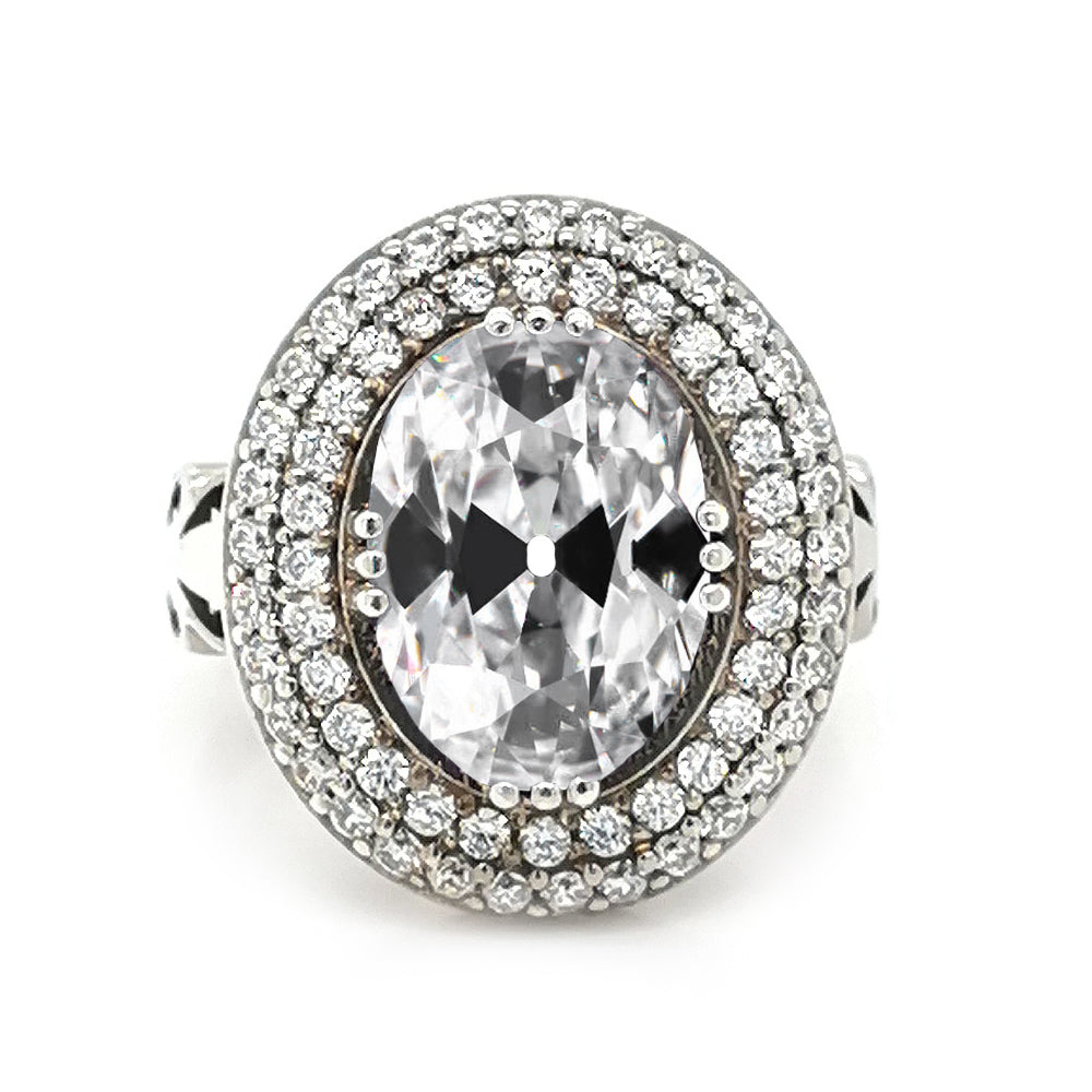 Double Halo Ring Oval Old Cut Diamond