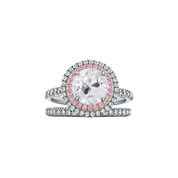 Double Halo Ring Set Old Cut Round Natural Earth Mined Diamond & Pink Sapphire 4.50 Carats