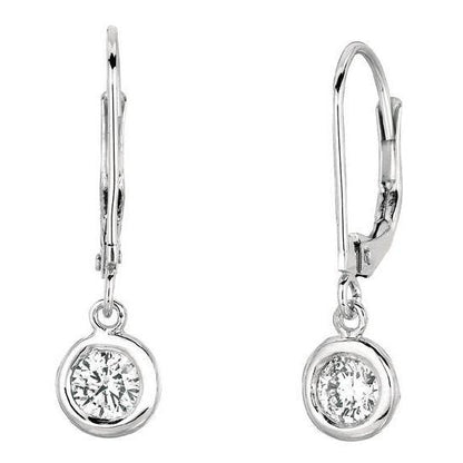 Drop Down Bezel Earrings Round Diamond Pair 0.50 Carats White Gold 14K