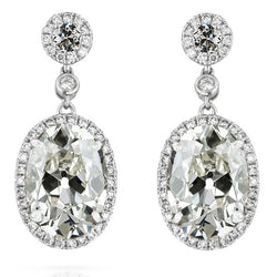 Drop Earrings Oval Old Miner Diamond 14.50 Carats White Gold