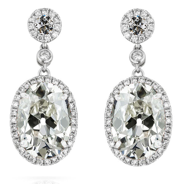 Drop Earrings Oval Old Miner Diamond 14.50 Carats White Gold 