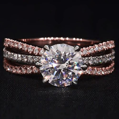 Eagle Claw Prongs Engagement Ring Round Diamond Rose & White Gold 14K
