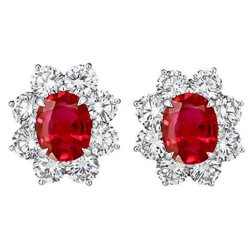 Best Womans Eagle Claw Prongs Red Ruby & Diamond Studs Halo Earring White Gold  