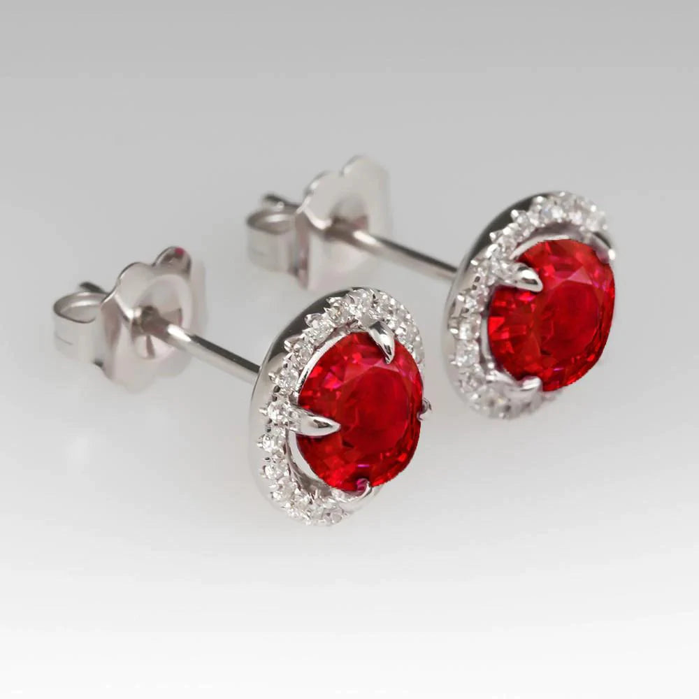 Eagle Claws Ruby  Woman's  Weeding Anniversary   & Diamond Studs Halo Earrings White Gold  