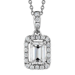 Emerald And Round Diamond Pendant Necklace 1.50 Carat White Gold 14K