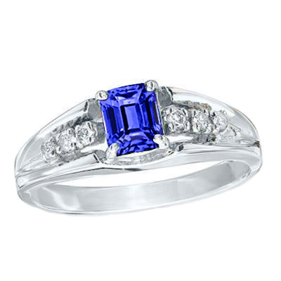 Emerald Cut Ceylon Sapphire With Round Natural Earth Mined Diamonds 1.30 Ct Ring