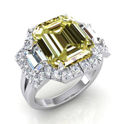 Real  Yellow Canary Emerald Diamond Ring Halo Style