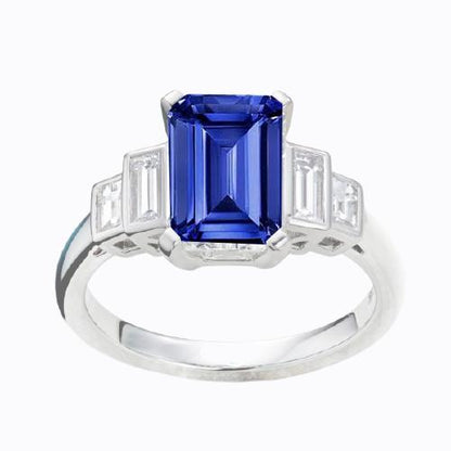 High Quality Fancy Sparkling  Emerald Diamond Sapphire Anniversary Ring