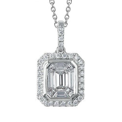 Emerald & Round 2.80 Carats Diamond Pendant Necklace White Gold 14K